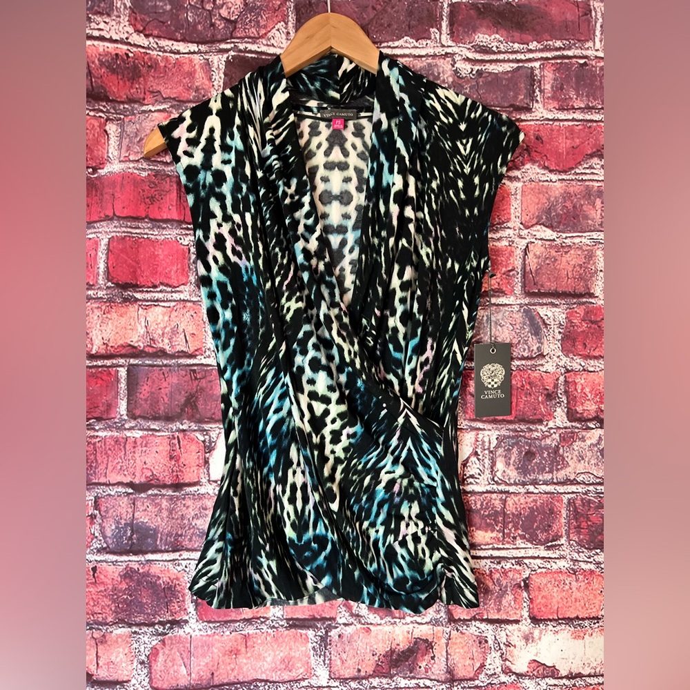 Vince Camuto Abstract Animal Print Faux Wrap Blouse NWT